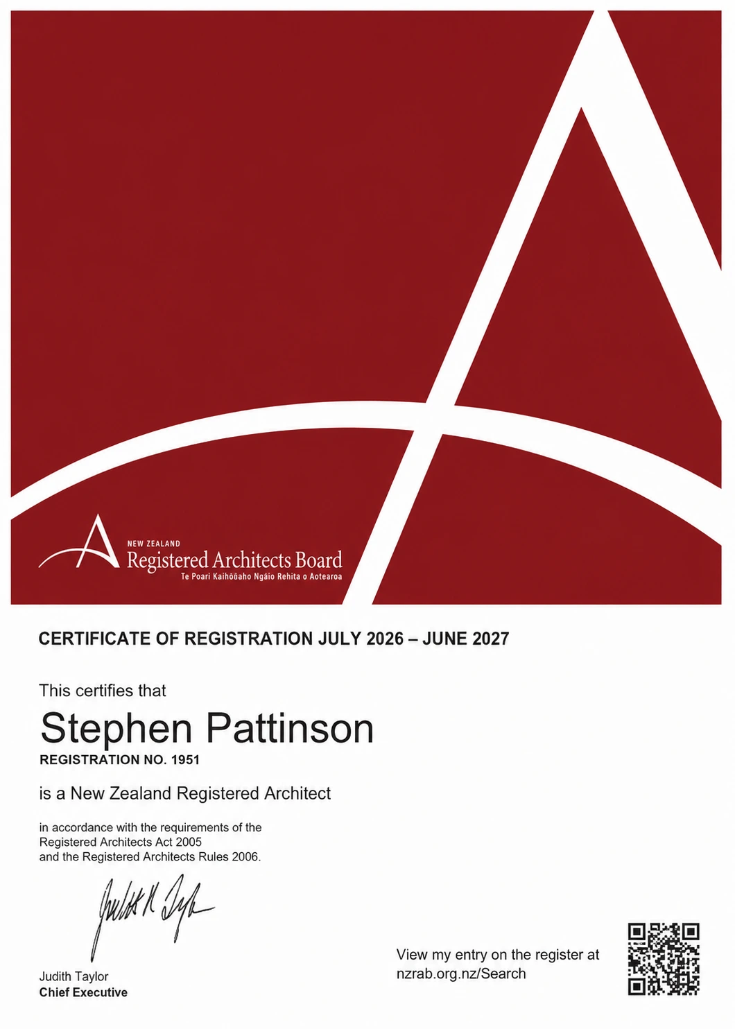 New Zealand Registered Architects Board certificate