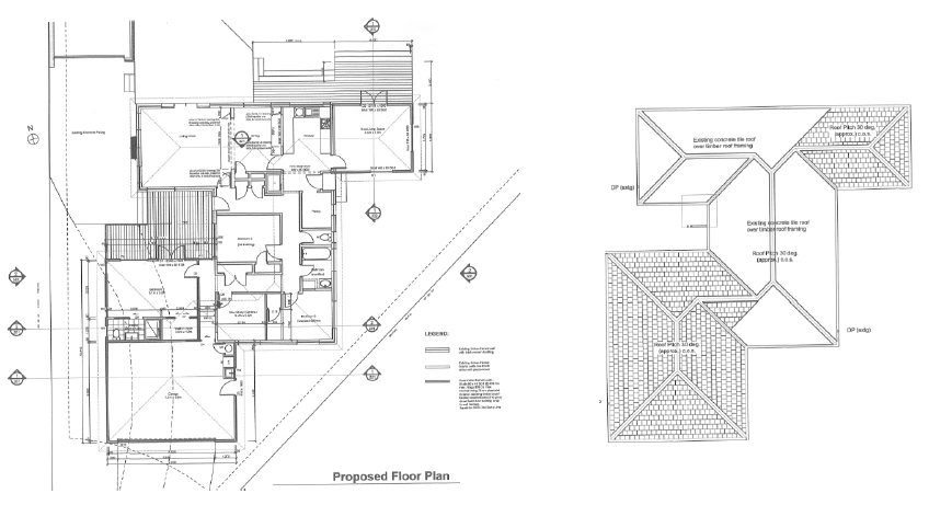Combined proposed floor plan and roof plan for the single-storey Epuni House additions