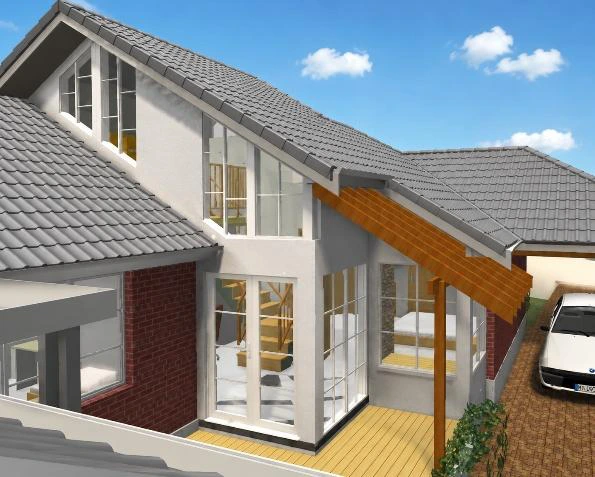 Closer rendered view of the two-storey option and glazed connection