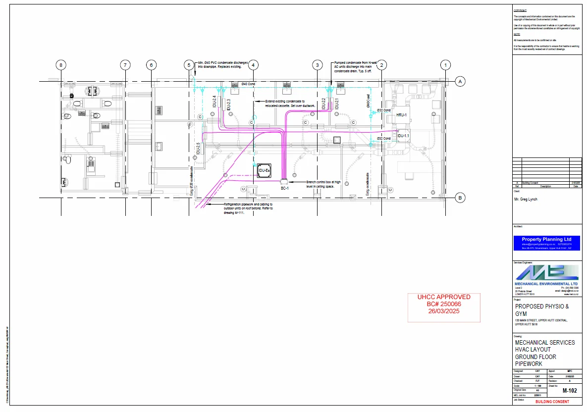 MEL HVAC ground-floor pipework layout for Inform Physio
