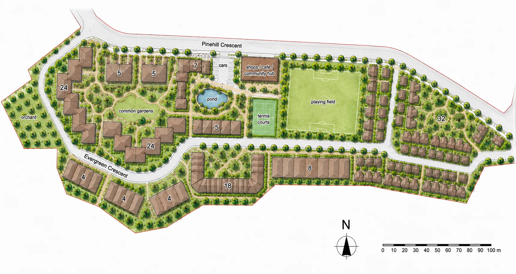 Illustrated masterplan for Evergreen Crescent showing clustered housing, shared gardens, orchard, community hub, pond and recreation spaces
