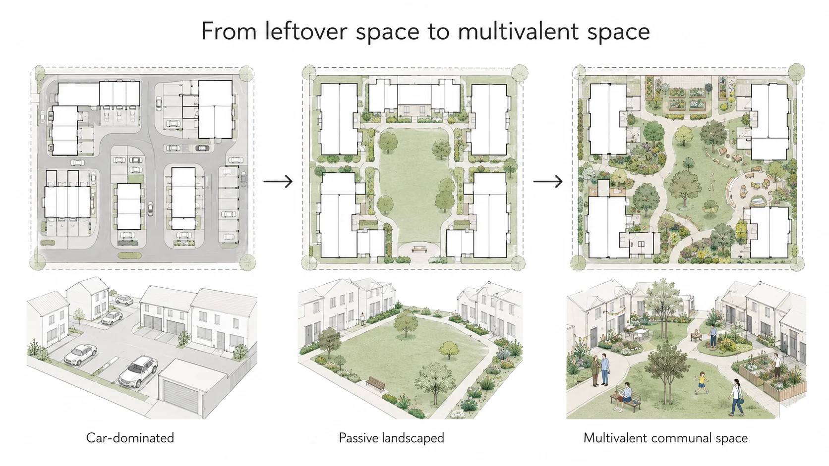 Three-part diagram showing a transition from car-dominated space to passive landscaped space to multivalent communal space