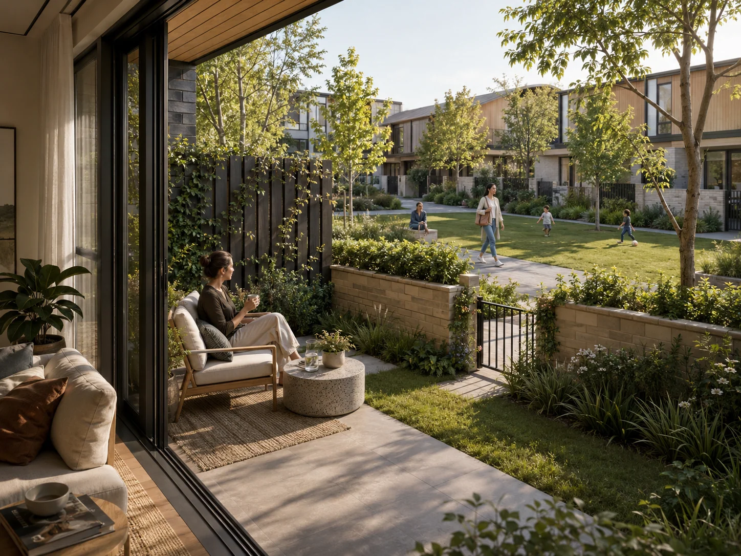 Perspective from a private patio looking across a planted edge to a shared lawn and path