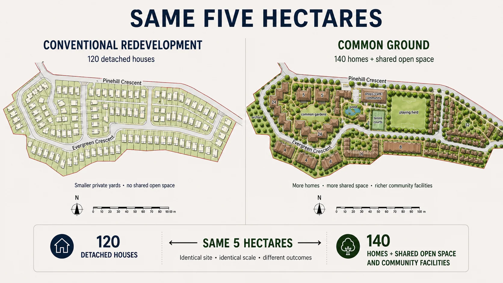 Diagram comparing a conventional five-hectare redevelopment of 120 detached houses with a common-ground proposal of 140 homes plus shared open space