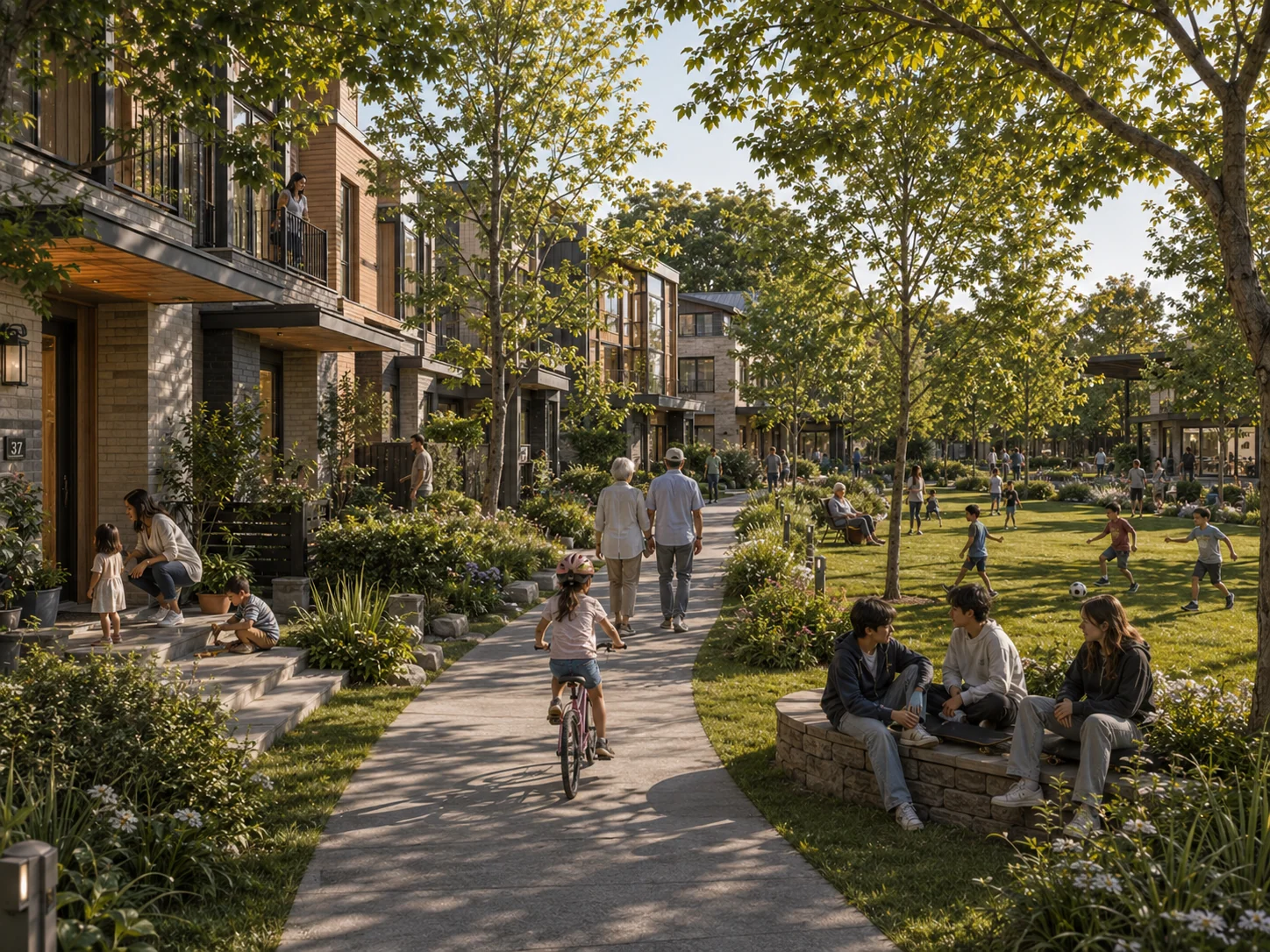 Shared green with a central path, trees, children playing, teenagers sitting and residents meeting outside their homes