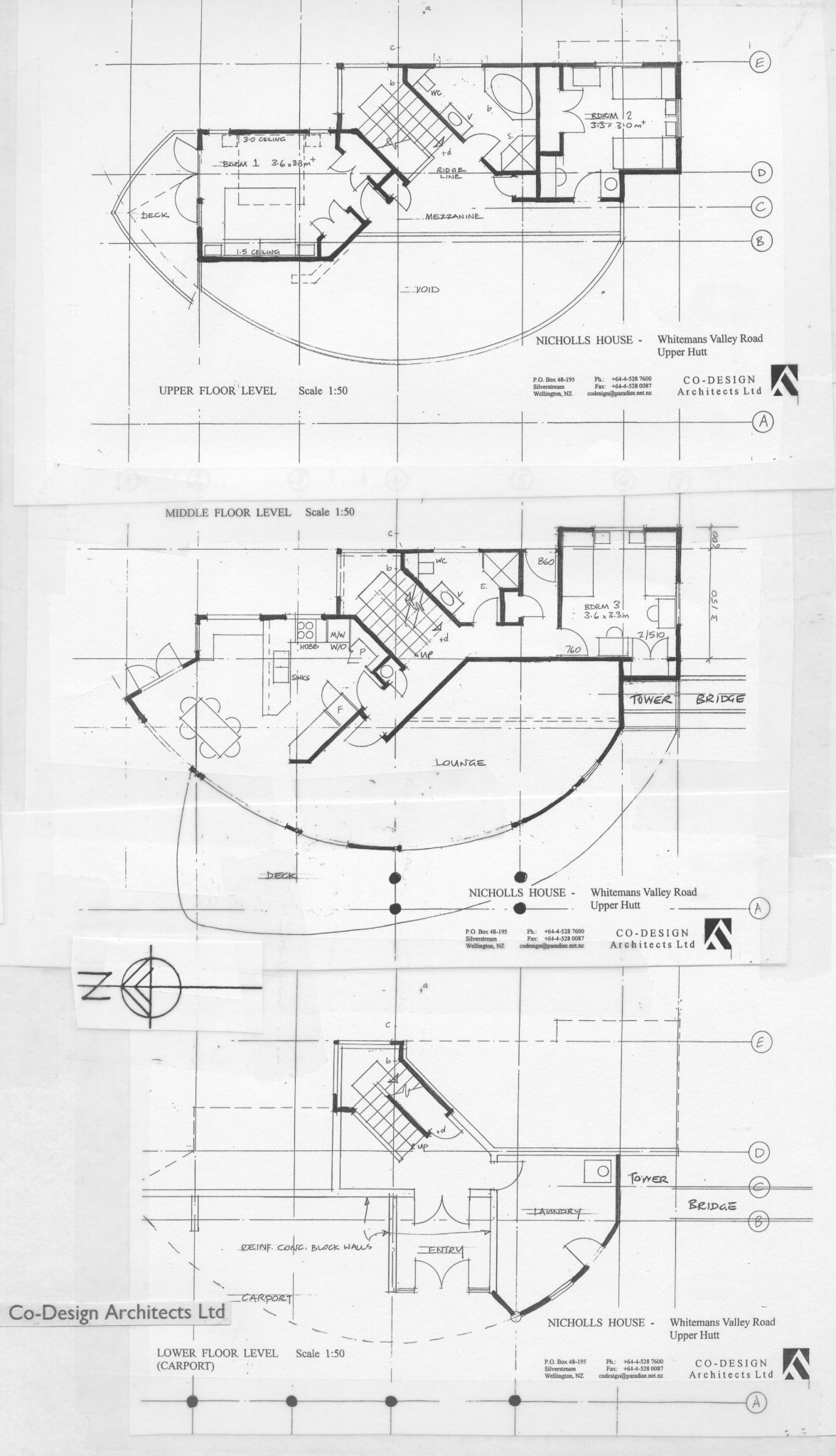Upper, middle and lower floor plans for Nicholls House