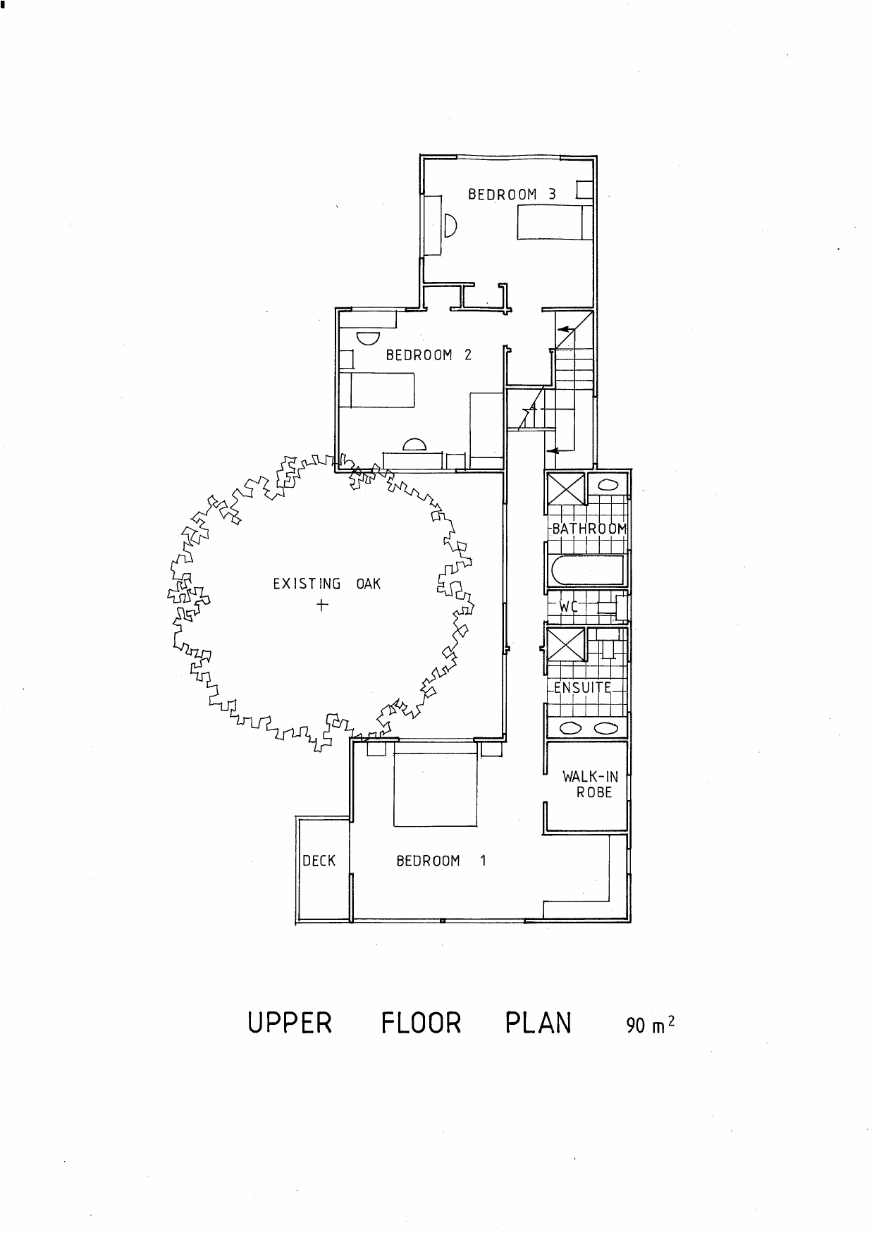 Upper floor plan for Oak Tree House, Auckland, showing bedrooms arranged around the existing oak
