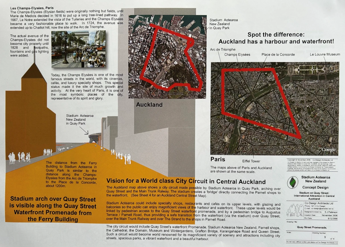 Concept sheet illustrating a city circuit between Quay Park, Parnell, the Domain, Karangahape Road, Queen Street and Auckland waterfront