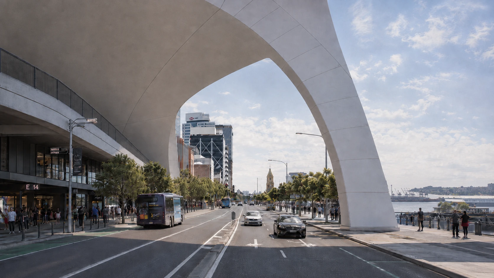 Cross-section and close-up of the proposed stadium gateway arch over Quay Street