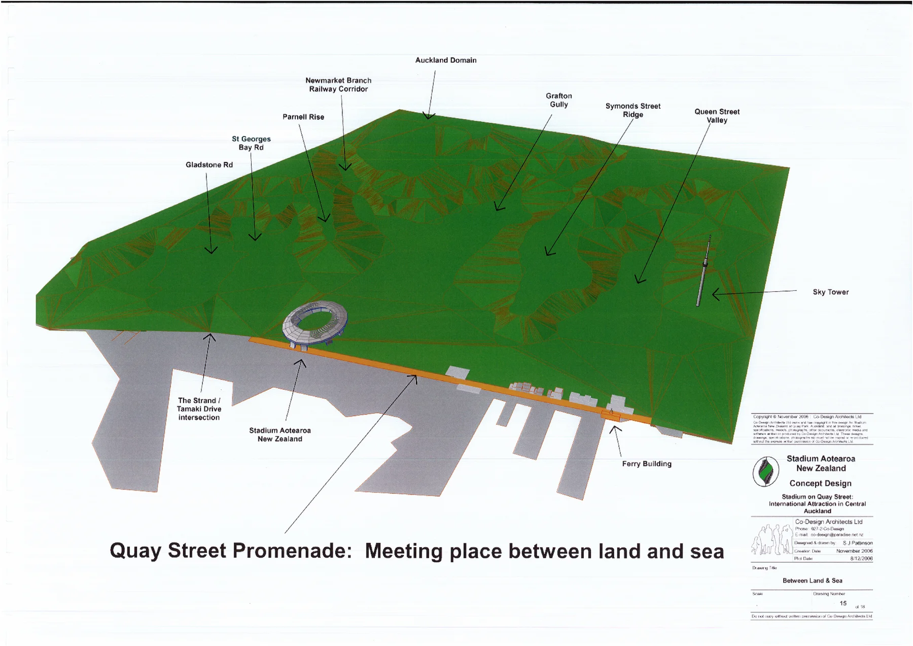 Concept drawing of the Quay Street promenade between the proposed stadium and Auckland waterfront