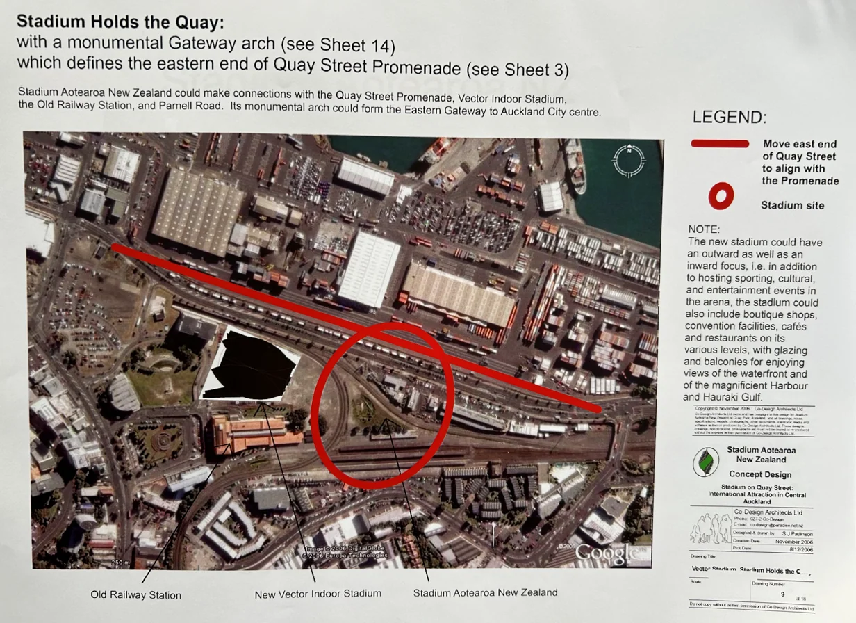 Aerial concept showing the stadium beside the old railway station and what is now Spark Arena