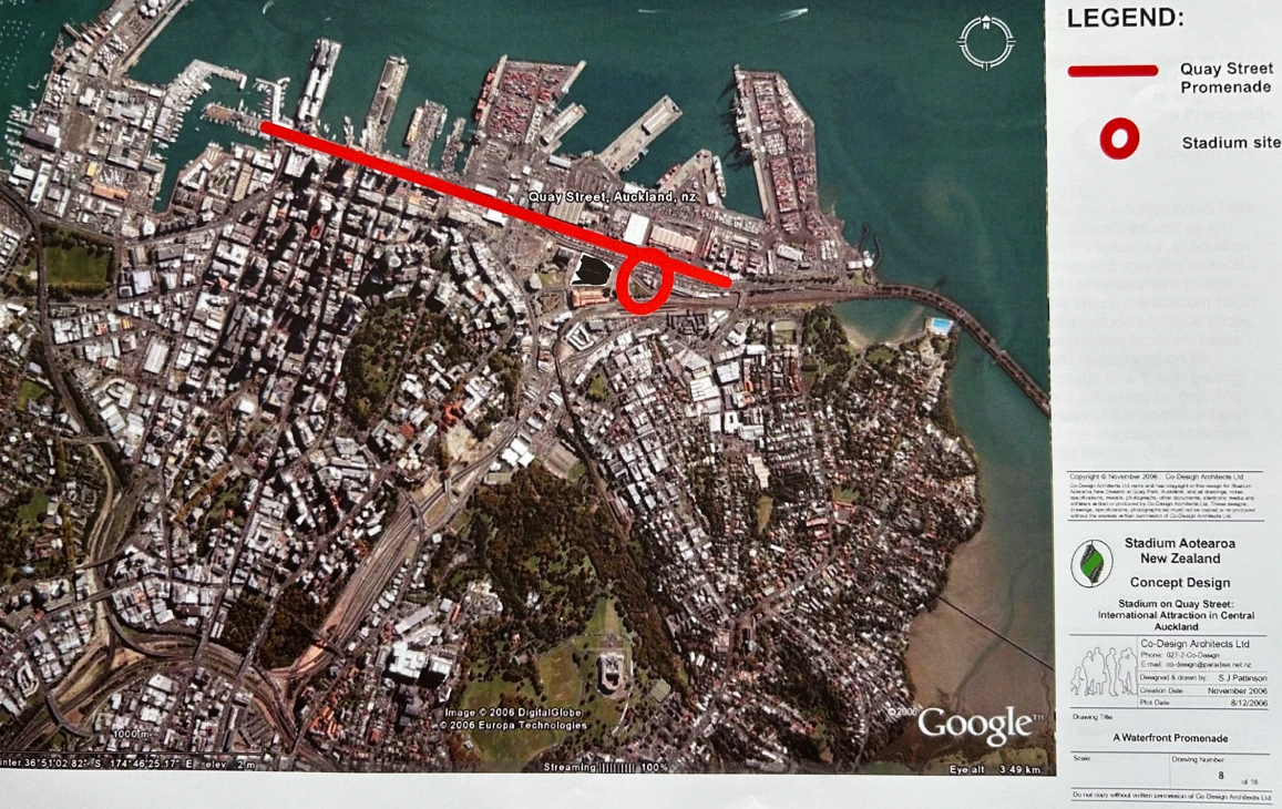 Aerial plan locating the National Stadium concept in Quay Park beside Quay Street and the waterfront